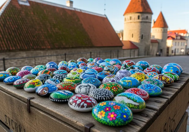 Colourful painted stones arranged on a bench in Tallinn, Estonia