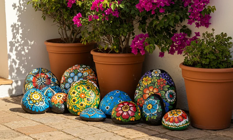 Colorful painted stones arranged near a fountain in Parc de la Ciutadella, Barcelona, Spain