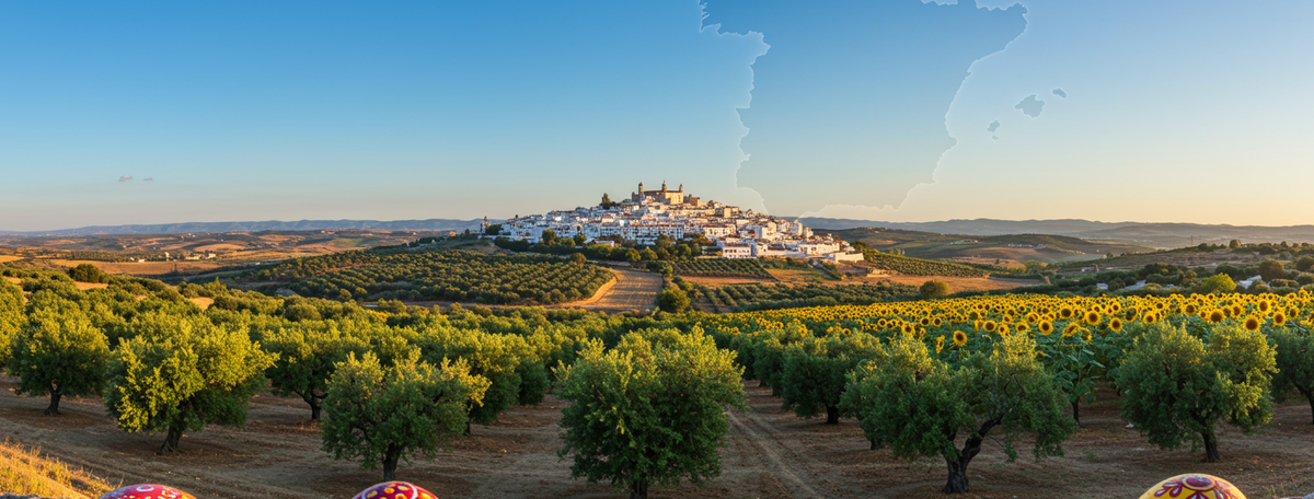 Mediterranean landscape with olive trees and sunflower fields under a vivid blue Spanish sky with painted decorative pebbles