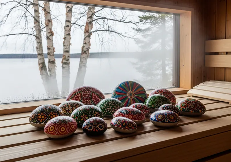 Colourful painted stones arranged on a bench in Tampere, Finland
