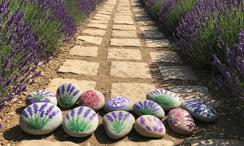 Galets peints with floral designs resting on a stone ledge in Jardin du Luxembourg, Paris, France