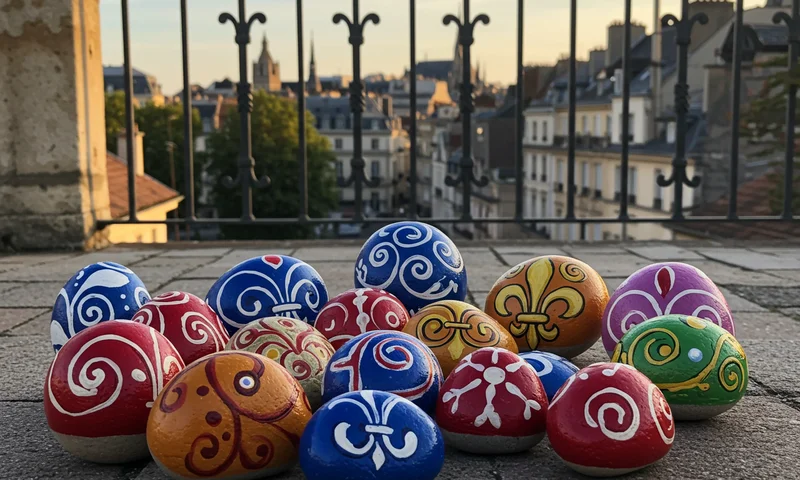 Colorful painted pebbles arranged on a wooden bench near the Rhône riverbank in Lyon, France