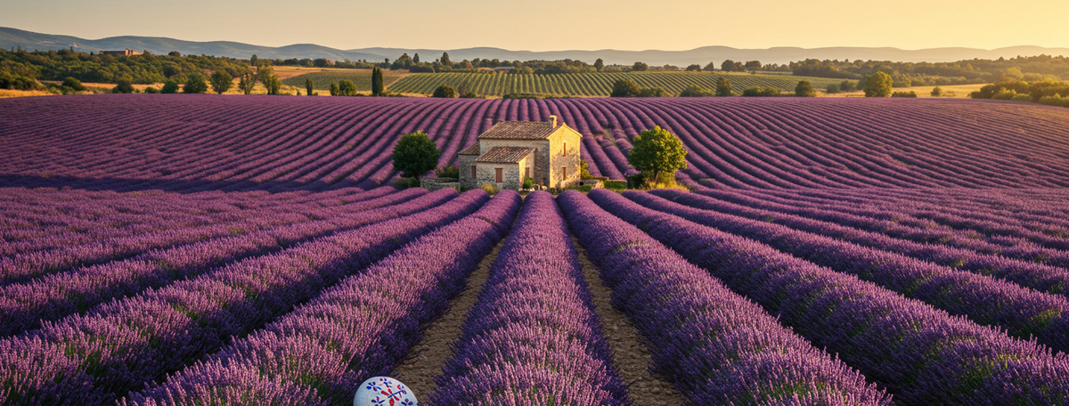 Rolling Provencal lavender fields under a warm sunny sky with painted decorative pebbles