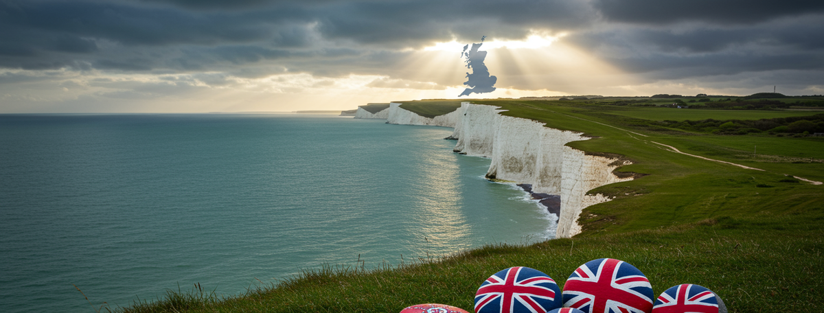 White chalk cliffs of England above a deep blue-green sea with painted decorative pebbles