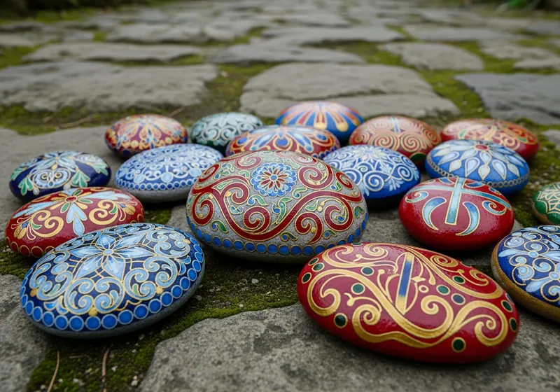 Hand-painted painted rocks resting on a path in Batumi, Georgia