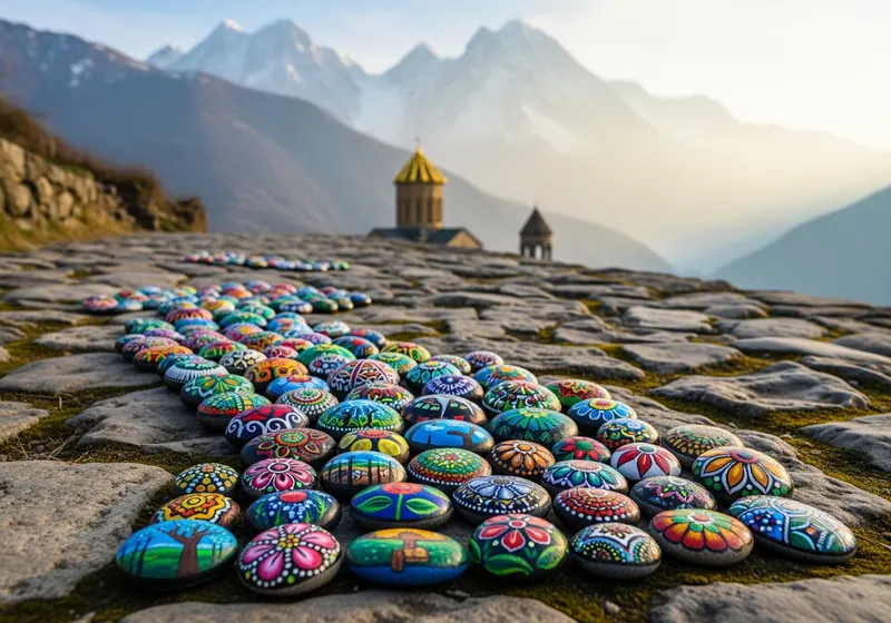 Colourful painted stones arranged on a bench in Tbilisi, Georgia