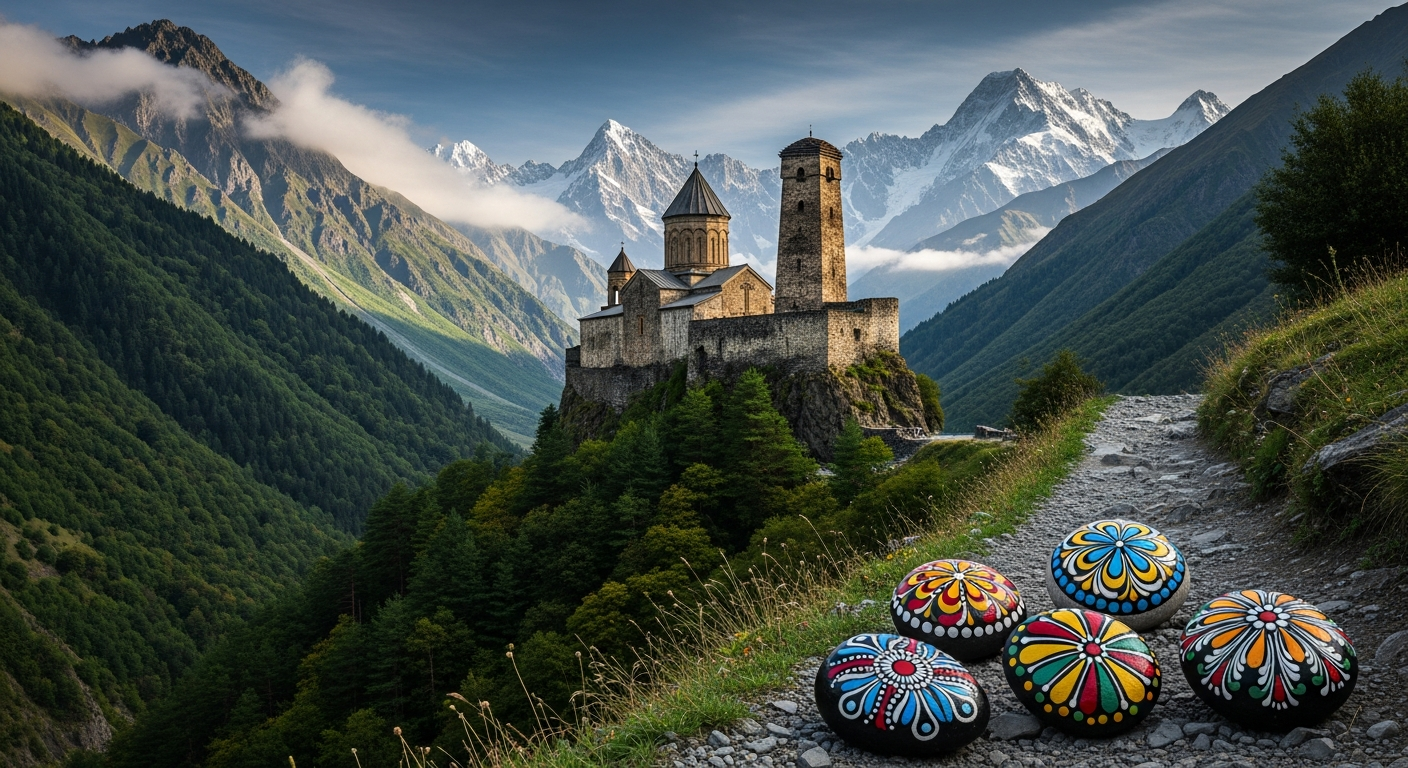 Georgian Caucasus mountains with ancient stone monastery tower above forested slopes and snowy peaks, painted decorative pebbles on a mountain path