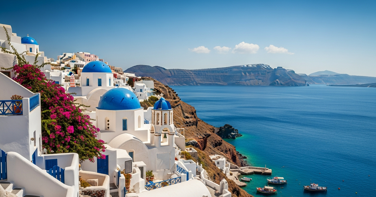 Greek Aegean island whitewashed village with blue domes, olive groves and painted decorative pebbles