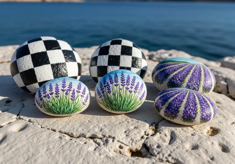 Hand-painted oslikaš kamenje resting on a path in Split, Croatia