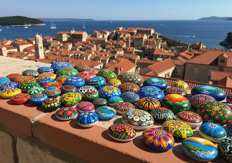 Colourful painted stones arranged on a bench in Split, Croatia