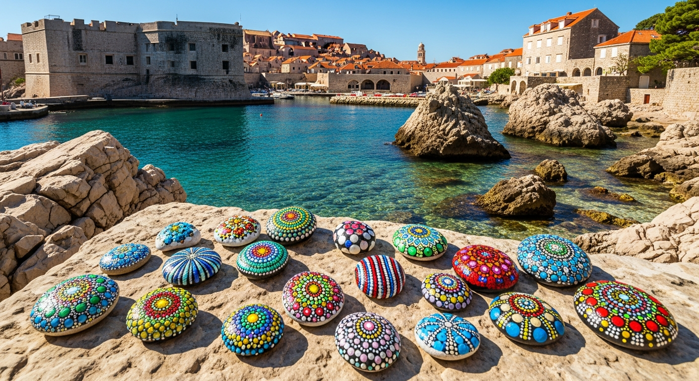 Croatian Dalmatian coast with crystal turquoise Adriatic sea and terracotta-roofed old town on rocky headland, painted decorative pebbles on limestone
