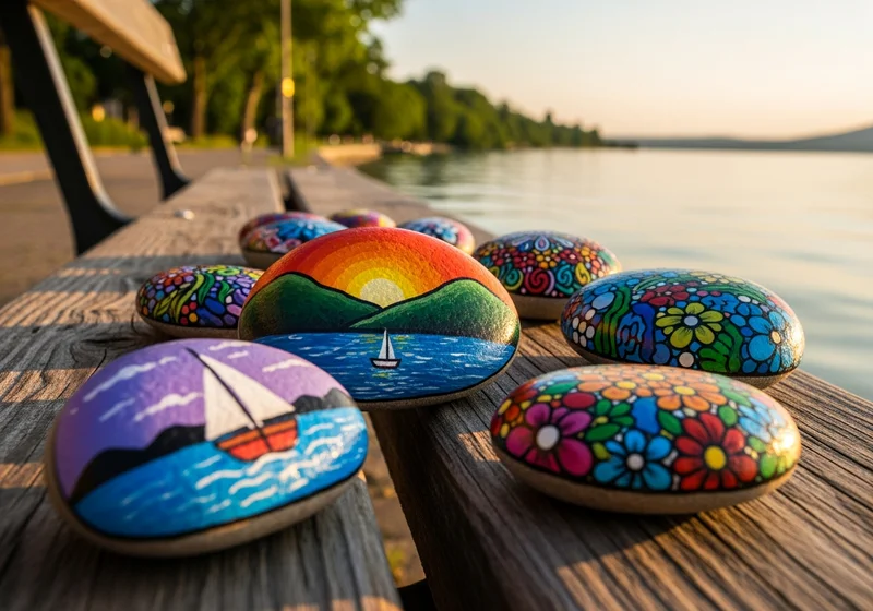 Hand-painted festett kövek resting on a path in a city park in Budapest, Hungary