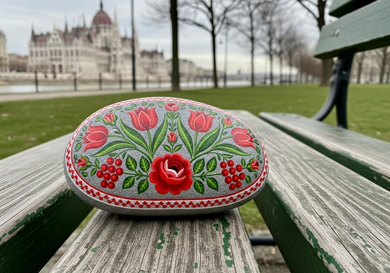 Colourful painted stones arranged on a wooden bench in Debrecen, Hungary
