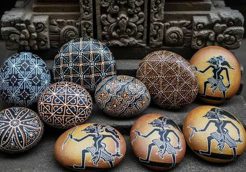 Hand-painted batu lukis resting on a path in Ubud, Bali, Indonesia