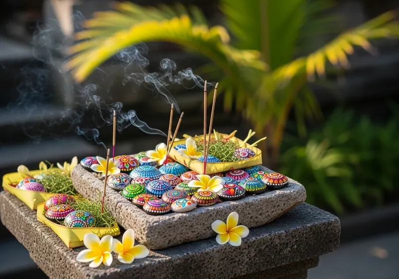 Colourful painted stones arranged on a bench in Jakarta, Indonesia