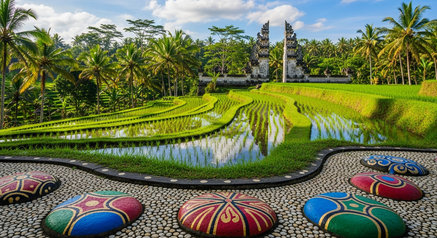 Indonesian Bali terraced rice paddies reflecting the sky with a traditional Hindu temple gate rising above tropical palms, painted decorative pebbles on a garden path