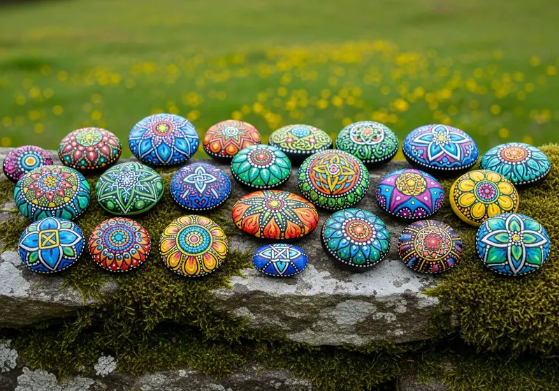 Colourful painted stones arranged on a bench in Dublin, Ireland
