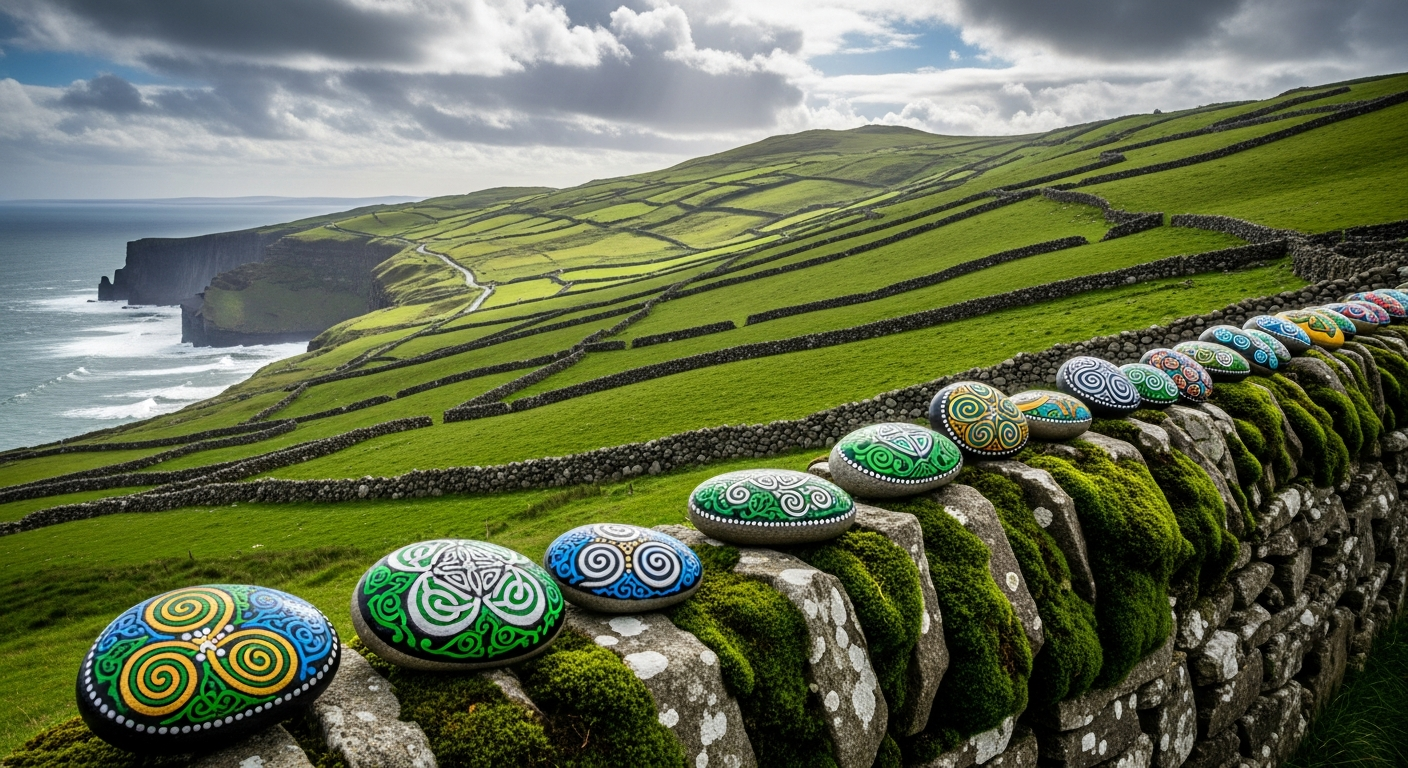 Irish green countryside with rolling emerald hills and dramatic Cliffs of Moher over the wild Atlantic, painted decorative pebbles on a mossy stone wall