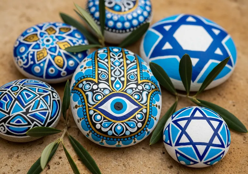 Hand-painted אבנים צבועים resting on a path in Jerusalem, Israel