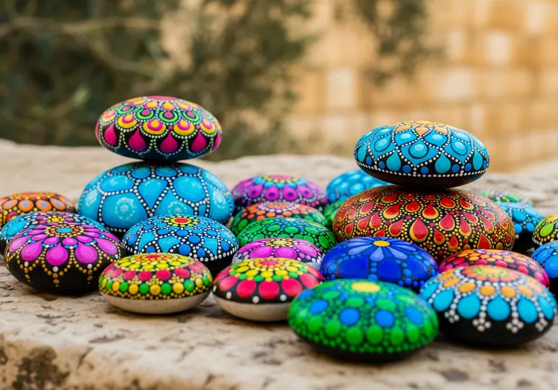 Colourful painted stones arranged on a bench in Tel Aviv, Israel