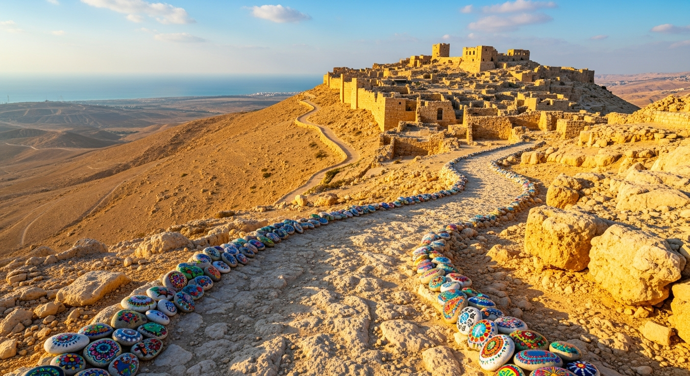 Israeli Negev desert with ancient hilltop ruins and Mediterranean coastline in the distance, painted decorative pebbles on a Jerusalem limestone path