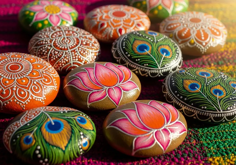 Hand-painted painted rocks resting on a path in Bengaluru, India