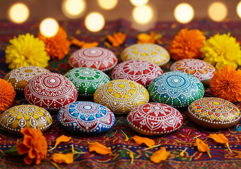 Colourful painted stones arranged on a bench in Delhi, India