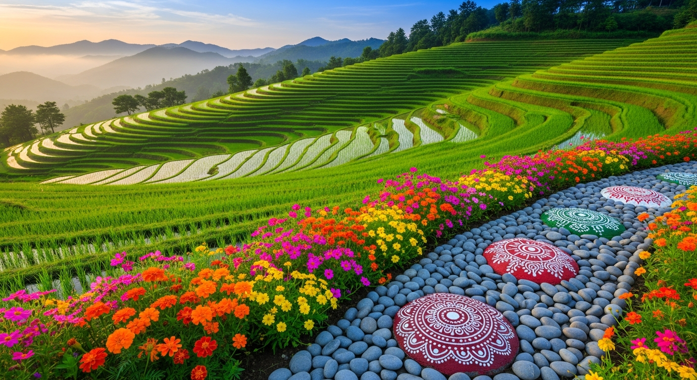 Indian terraced rice paddies descending a lush green hillside with colourful wildflowers, painted decorative pebbles with vibrant henna-inspired patterns on a garden path