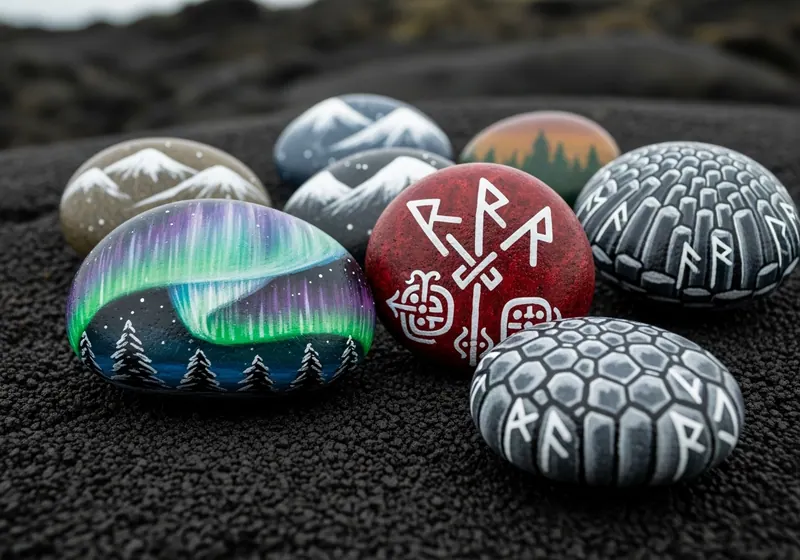 Hand-painted málaðar steinar resting on a path in Akureyri, Iceland