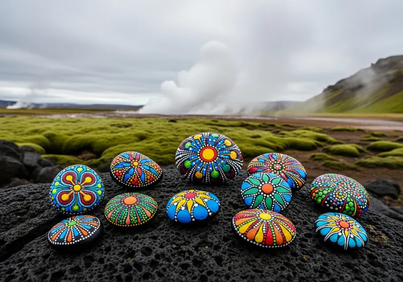 Colourful painted stones arranged on a bench in Reykjavik, Iceland