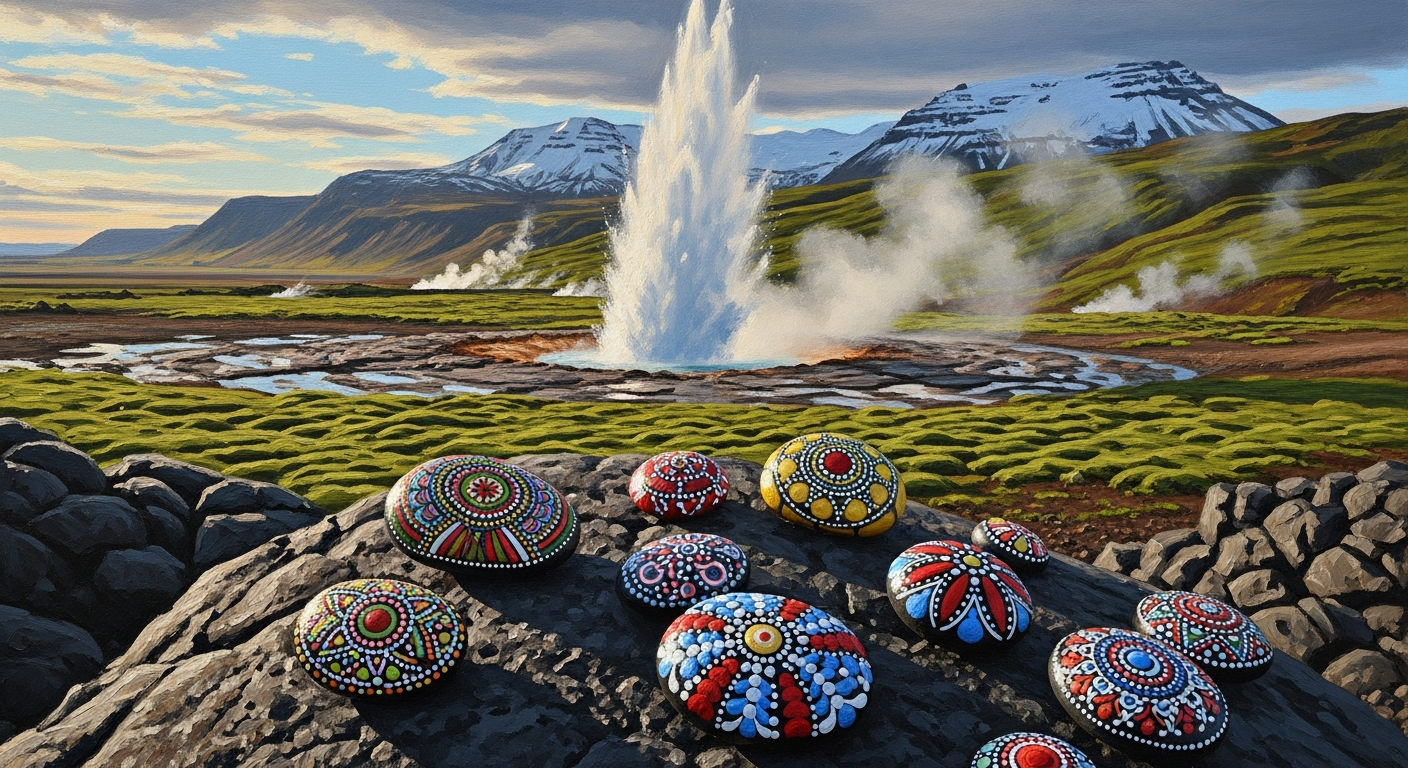 Icelandic volcanic landscape with an active geyser erupting steam over mossy green lava fields and snow-capped mountains, painted decorative pebbles on basalt rock