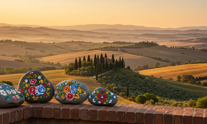 Colorful hand-painted stones displayed on a wooden surface near Parco Sempione, Milan, Italy