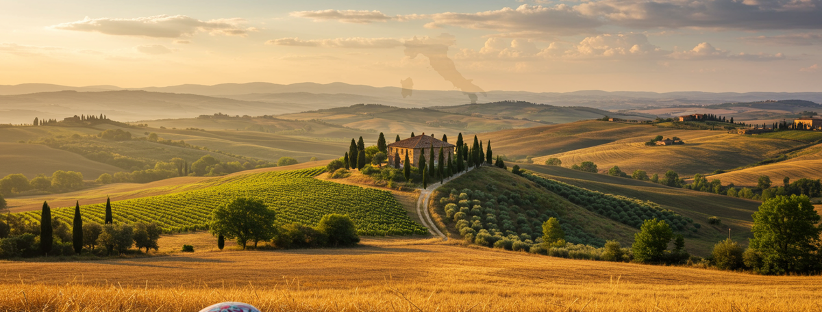 Rolling Tuscan hills with cypress trees and golden wheat fields under a warm Italian sky with painted decorative pebbles