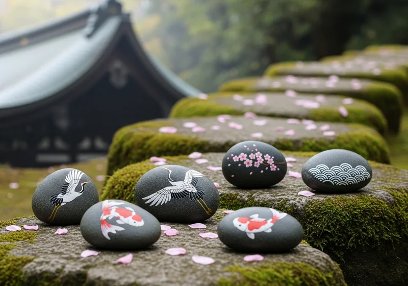 Hand-painted ペイントストーン resting on a path in a city park in Tokyo, Japan