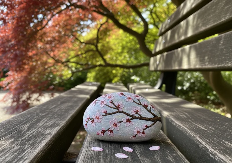 Colourful painted stones arranged on a wooden bench in Osaka, Japan