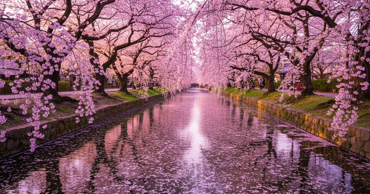 Japanese Mount Fuji at cherry blossom season, traditional torii gate and painted decorative pebbles