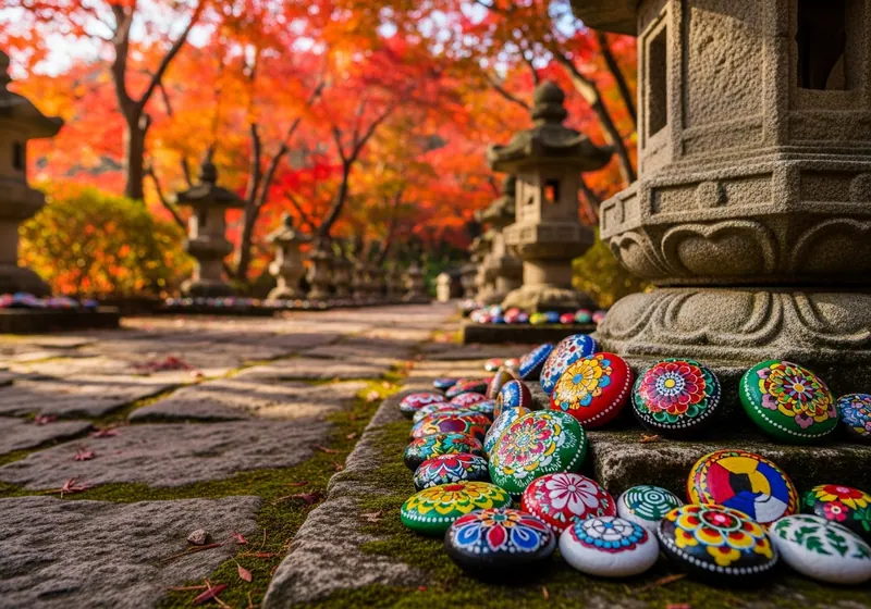 Colourful painted stones arranged on a bench in Seoul, South Korea