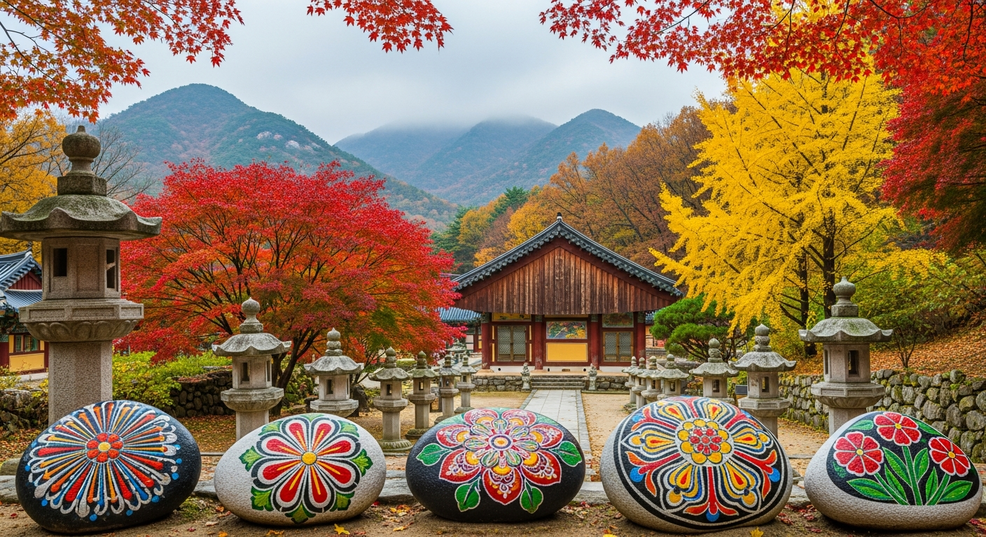 South Korean Buddhist temple with vibrant autumn foliage in crimson and gold against mountain peaks, painted decorative pebbles on a stone lantern path
