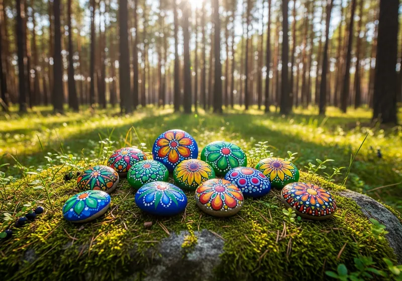 Kolorowe malowane kamienie ułożone na ławce w Wilnie, Litwa