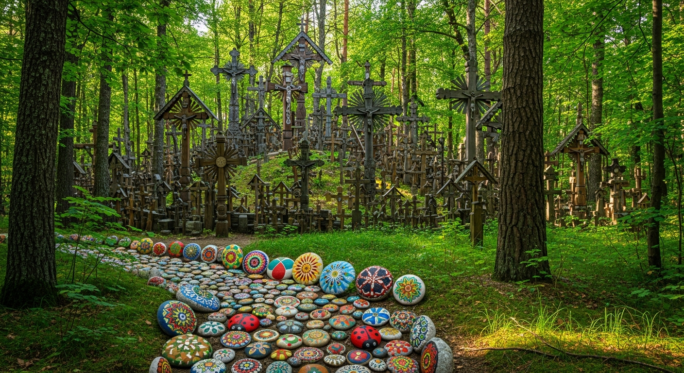 Lithuanian forest landscape with historic hill of crosses and painted decorative pebbles on a forest trail path