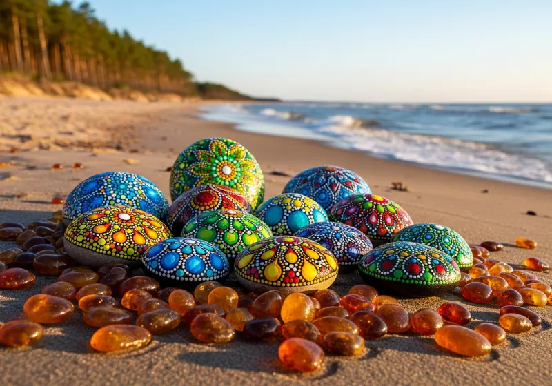 Colourful painted stones arranged on a bench in Rīga, Latvia