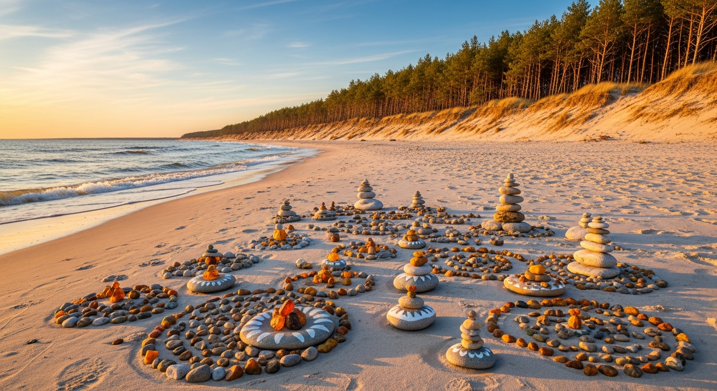 Latvian amber Baltic coast with white sandy beach and pine forest dunes, painted decorative pebbles on the sand at warm evening light
