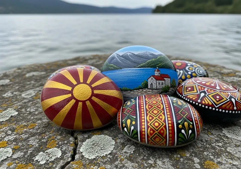 Ręcznie malowane сликани камења leżące na ścieżce w Ochrydzie, Macedonia Północna
