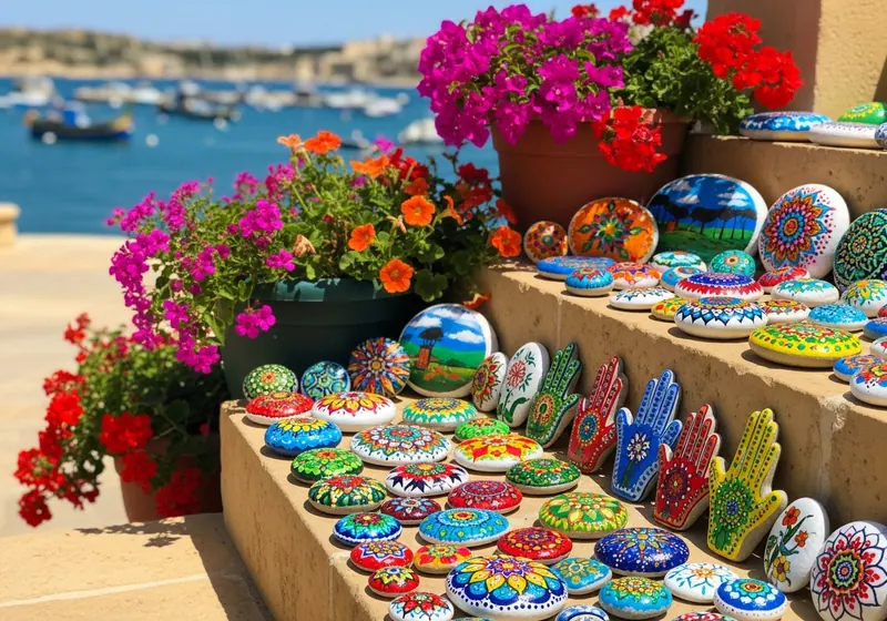Colourful painted stones arranged on a bench in Valletta, Malta