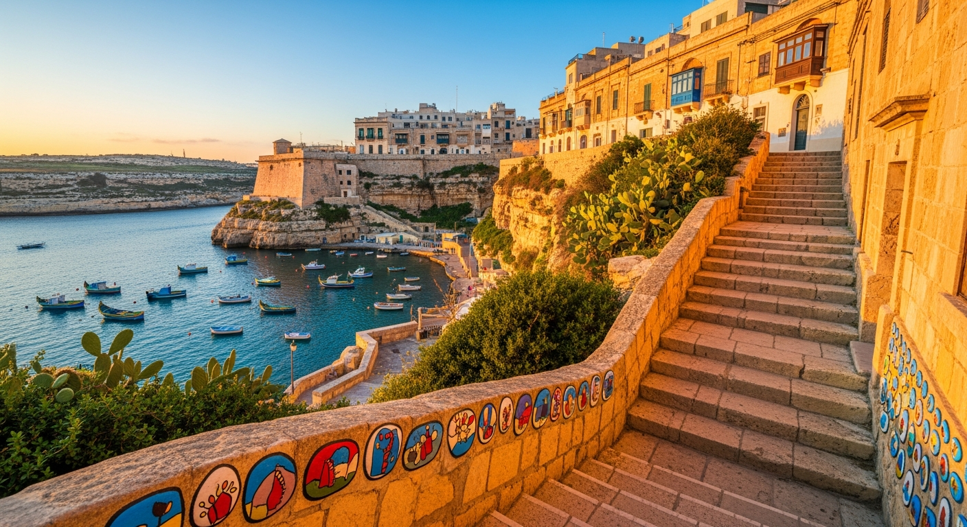 Maltese Mediterranean landscape with golden limestone buildings on clifftops and deep blue harbour, painted decorative pebbles on ancient honey-coloured stone steps