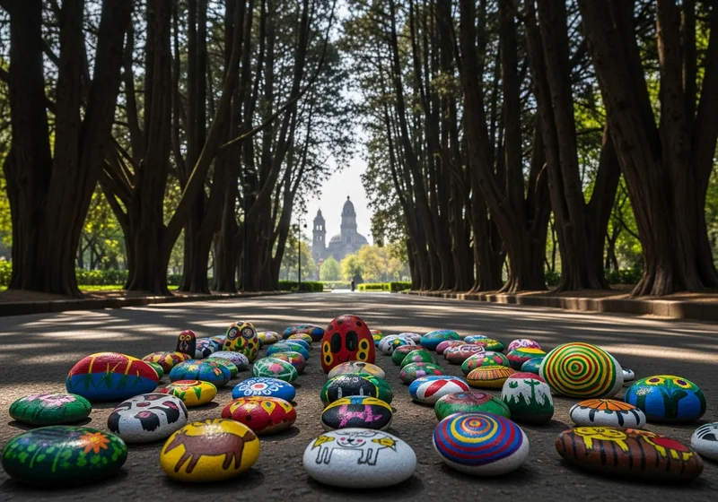 Hand-painted piedras pintadas resting on a path in a city park in Mexico City, Mexico