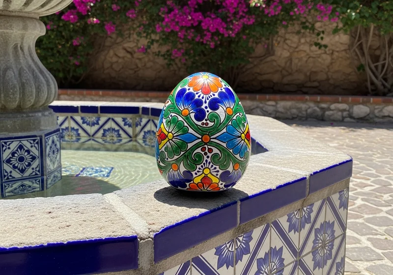 Colourful painted stones arranged on a wooden bench in Guadalajara, Mexico
