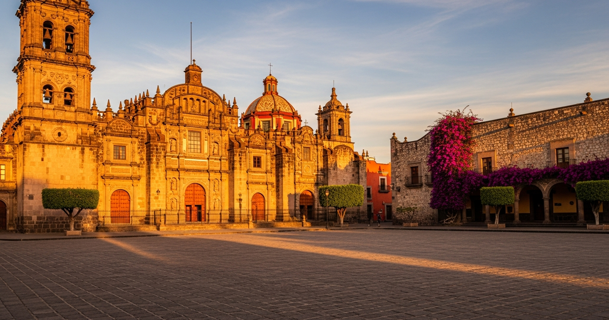 Mexican papel-picado banners over a tiled colonial plaza with cacti and painted decorative pebbles