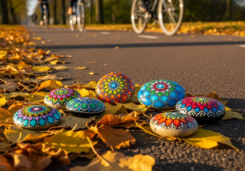 Hand-painted geverfde stenen resting on a path in a city park in Amsterdam, Netherlands