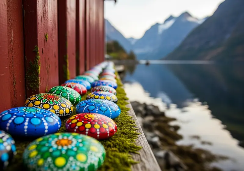 Colourful painted stones arranged on a bench in Oslo, Norway